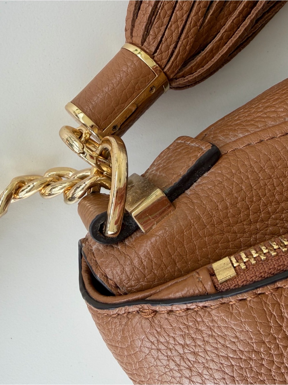 Michael Kors Camel Brown Pebbled Leather Bedford Crossbody Handbag -Tassel/Strap - Picture 7 of 16